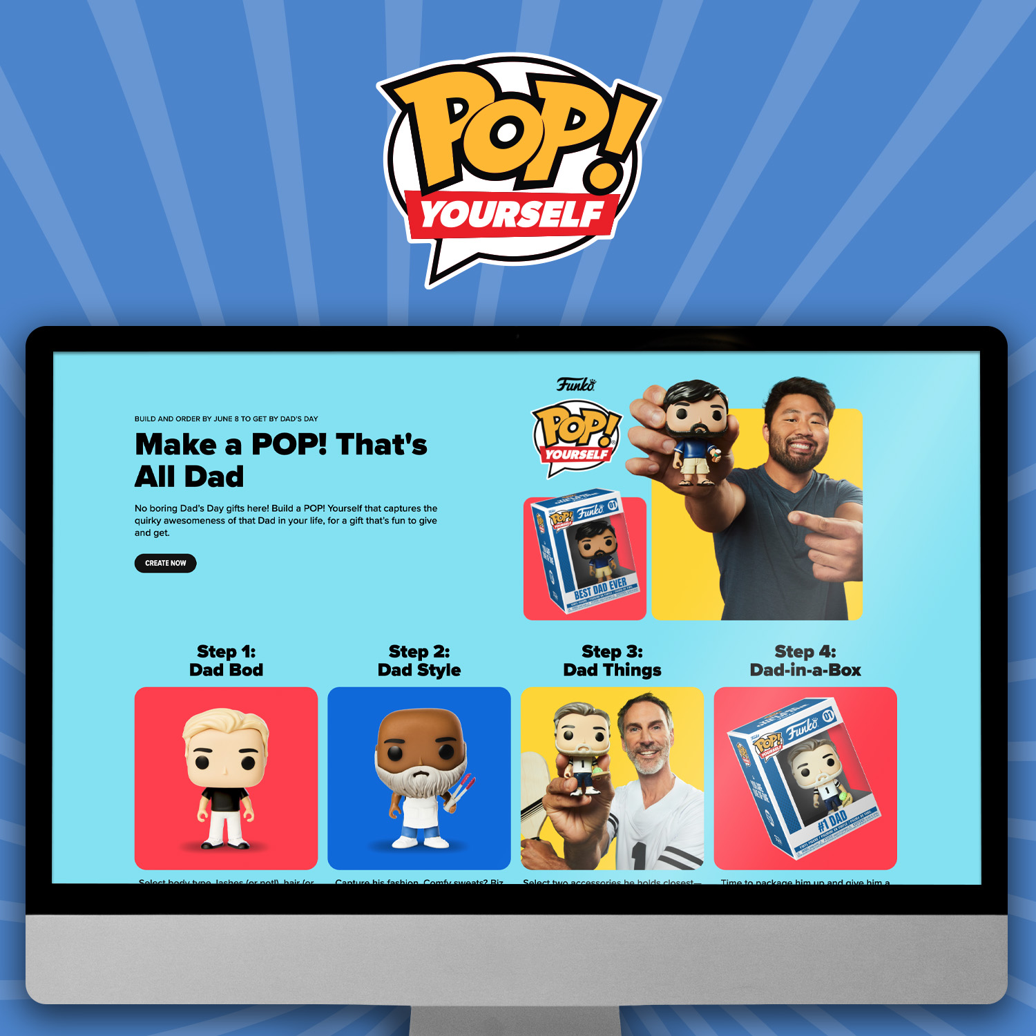 Blue swirl background with computer screen showcasing Funko POP! Yourself Father's Day landing page. Click to learn create the best Father's Day gift!